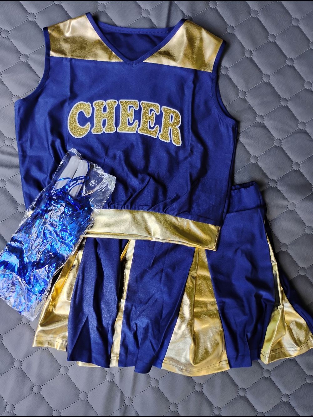 GIRLS CHEER OUTFIT NAVY BLUE AND GOLD SIZE 11/12 YOUTH HALLOWEEN COSTUME SPIRIT